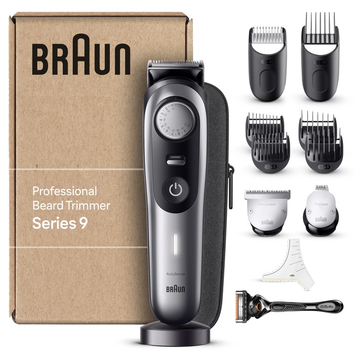 Braun szakállvágó Series 9, férfi szakállvágó és borotva, 40 beállítás, töltőállomás, utazótáska, szakállsablon, 180 perc vezeték nélküli üzemidő, Bt9440
