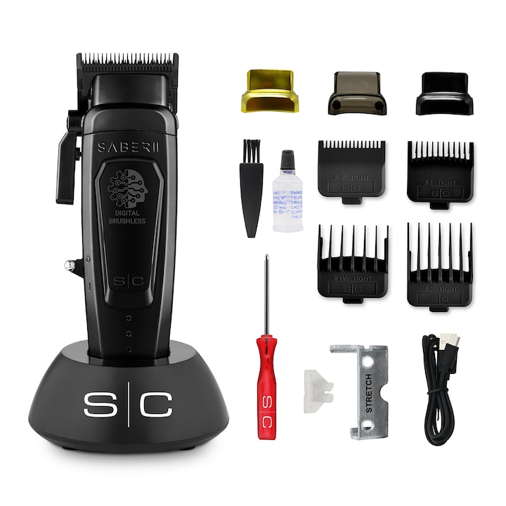 Stylecraft Saber 2.0 professzionális hajvágó, akkus hajvágó Eon kefe nélküli motorral, Echo Dlc pengével, USB-C töltéssel, levehető mágneses kupakokkal, fém házzal