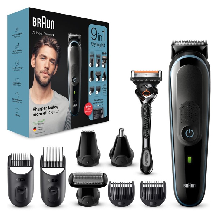 Braun Multi-Grooming Kit 5, Aparat De Tuns Barba Si Tuns 9 In 1 Pentru Barbati, Pentru Indepartarea Parului Facial, De Pe Cap Si De Pe Corp, 7 Accesorii, Cadou Pentru Barbati, Mgk5380, Negru/Albastru