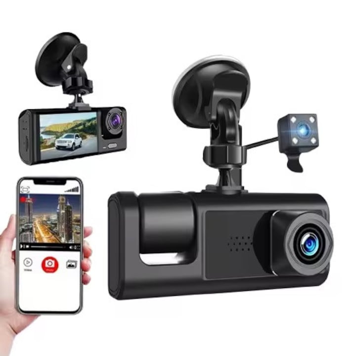 Camera Auto DVR OZ WiFi Edition, 3 Camere (2 Frontale + 1 Spate), Full HD 1080P, WiFi & Aplicatie Mobila, Night Vision, Card microSD 32GB Inclus, Display IPS 2”, Unghi 170°, Neagra