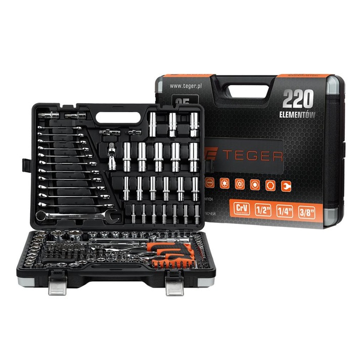 Set chei nasoade 220 elemente, Teger, din otel CRV, cu maner ergonomic, cutie de transport