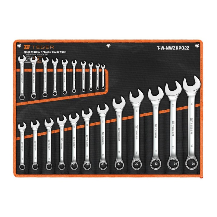 22 részes laposvégű villáskulcs készlet, Teger, króm-vanádium, 6-36 mm méretek