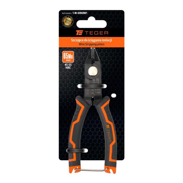 Teger szigetelésvágó és -csupaszító fogó, 65Mn acél, ergonomikus, 0,8-2,6 mm