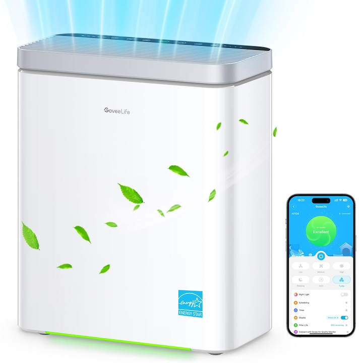 Purificatoar de aer pentru casa foarte silentios cu filtru H13 True HEPA, debit 800mc/h purificator de aer inteligent model kj800 cu monitorizarea calitatii aerului, modul automat