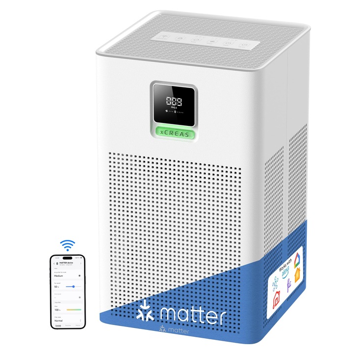 Xcreas légtisztító Matter kompatibilis, Apple Home, Alexa, Google Home, Home Assistant kompatibilis, Hepa H13 szűrő, mosható előszűrő, aromaterápiás funkció, Eco-takarékos üzemmód