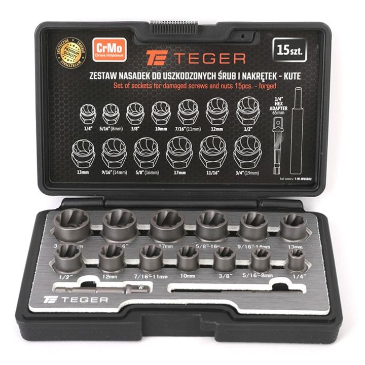 Set chei nasada pentru suruburi si piulite deteriorate 15 piese, Teger, otel Cr-Mo, rezistenta mare, diverse dimensiuni