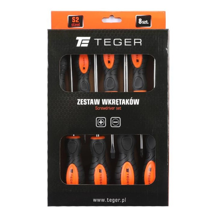 8 darabos csavarhúzókészlet, Teger, SL és PH, tartós, ergonomikus, 3,5x75cm, 5,5x100cm, 6,5x150cm, 8,0x150cm, 0x75cm, 1x100cm, 2x150cm, 3x150cm