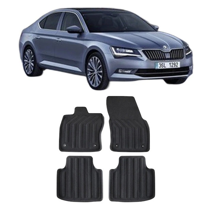 Set covorase auto textile Skoda Superb 3 (3V) 2015-prezent, design 3D, din mocheta, compatibile cu autoturismul Skoda Superb 3 (3V)