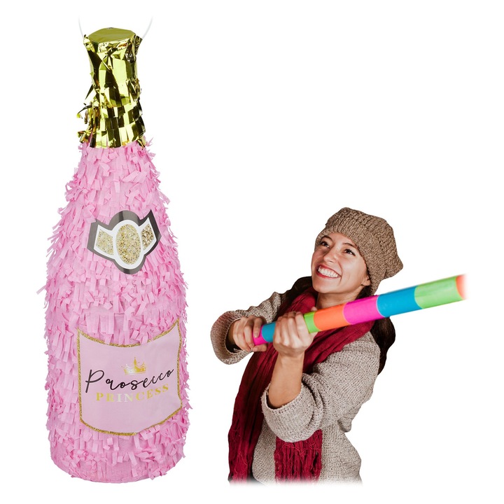 Pinata sticla de sampanie, pentru petreceri, nunti si zile de nastere, se poate umple cu dulciuri, jucarii sau confetti, joc distractiv pentru copii si adulti, 51 x 13.5 cm