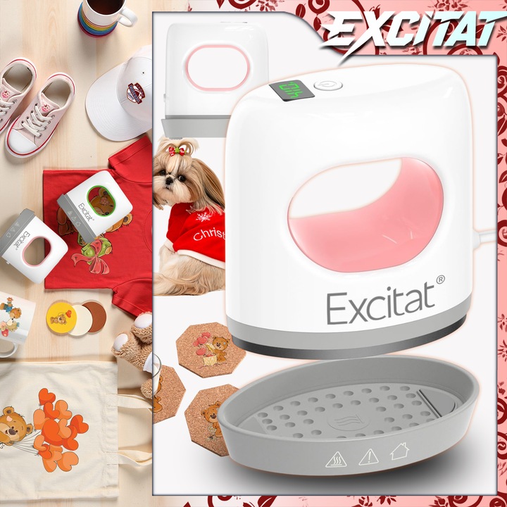 Мини термопреса, Excitat®, преносима, за дрехи, обувки, тениски и различни артикули, с топлопренасяне, бързо нагряване, 4 температурни нива, прецизен контрол на температурата, автоматично изключване, 300W, 2м кабел, 550гр, бял | розов