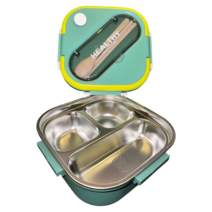 Cutie de prânz Zibba Life 1300 ml cu tacâmuri incluse, 3 compartimente inox 304, verde