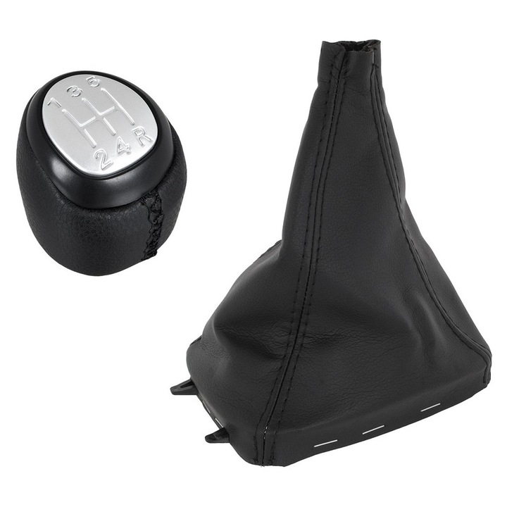 Топка за скоростен лост Saab 9-3 03-12 ЕКО КОЖА Черна + ЧЕРЕН КОНЕЦ + СРЕБЪРНА КУТИЯ С 5 СКОРОСТИ + ЧЕРЕН маншон за скоростен лост + К-Т рамка