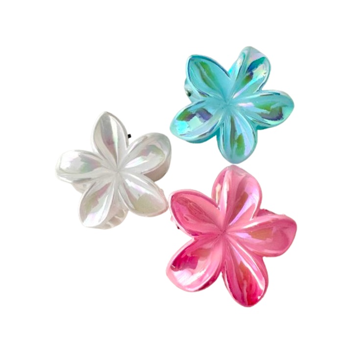 Комплект от 3 фиби за коса с тайландски цветя, фиба за коса, хавайски фиби за коса с цветя, бяло, розово, синьо, 4 см