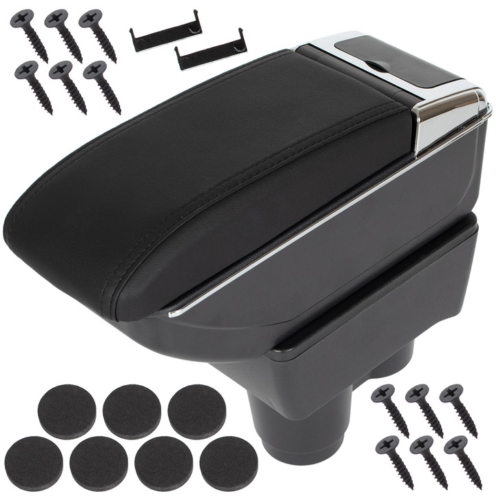 Cotiera auto M MODECAR Dacia Duster II 2017, neagra, ecopiele, cu compartiment de depozitare, set montaj inclus