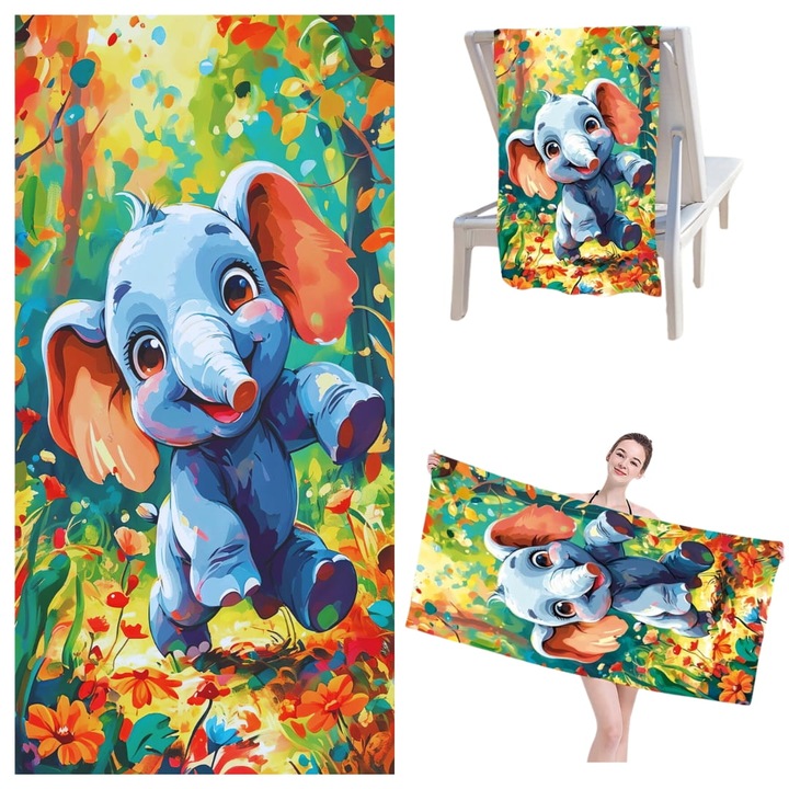 Prosop de Plaja, 70 x 140 cm, Uscare Rapida, Elefantel, Placut la Atingere, Capacitate Mare de Absorbtie, Absorbant si Durabil, 300 g/m², Microfibra, Multicolor