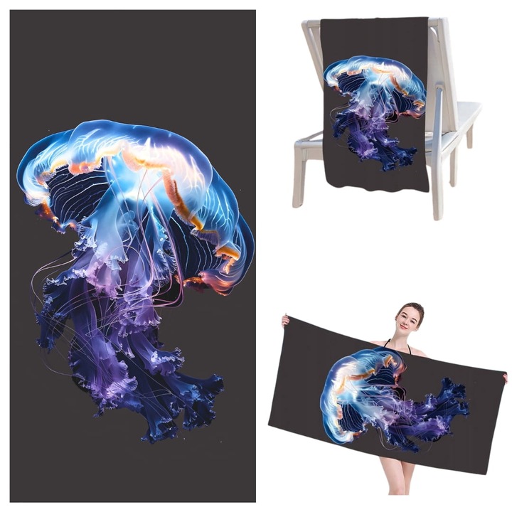 Плажна кърпа, 70 x 140 см, Бързосъхнеща, Медуза, Приятна на допир, Висока абсорбираща способност, Абсорбираща и издръжлива, 300 г/м², Микрофибър, Многоцветна