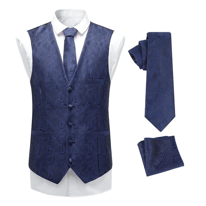 Vesta barbati, albastra, set cu cravata si batista, slim fit, 75% poliester, 25% nylon