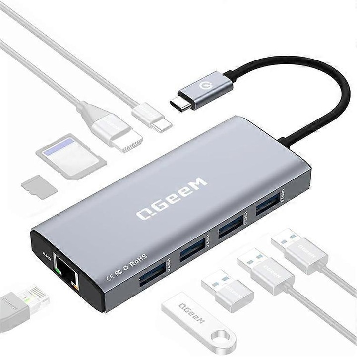 Хъб USB-C 9 в 1, 4K HD, 100W PD, RJ45, 2x USB 3.0, 2x USB 2.0, слотове SD/TF, 115x46x15mm