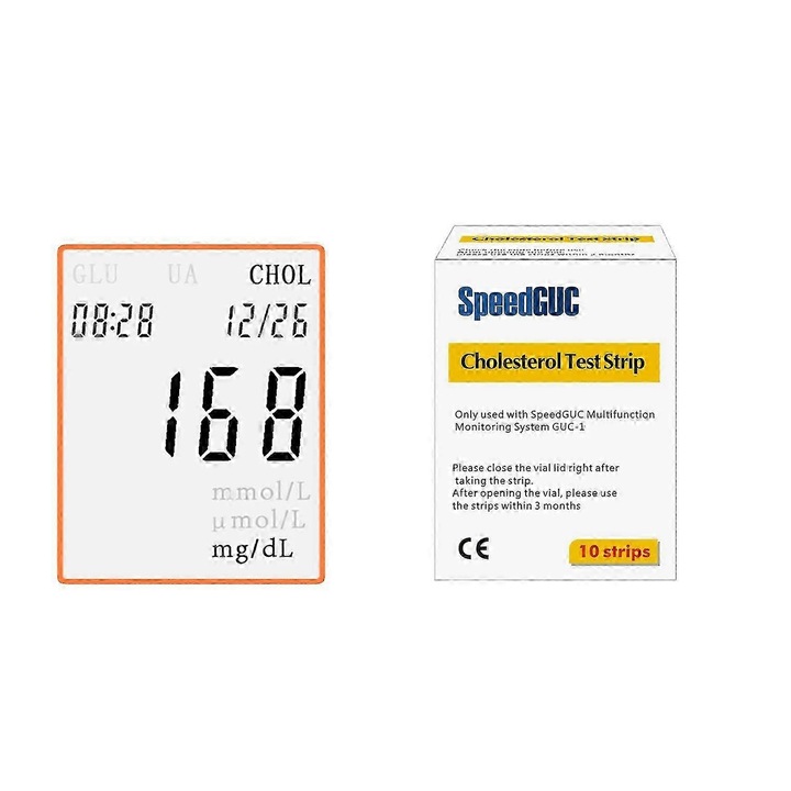 Dispozitiv multifunctional pentru testare glucoza, acid uric si colesterol, 3 in 1, cu benzi de testare, 10 benzi de testare pentru glucoza