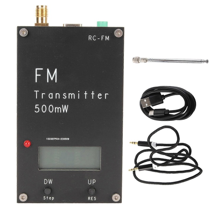 Transmitator FM, 10-500mW, 88-108MHz, display LCD, alimentare USB Type C, set complet