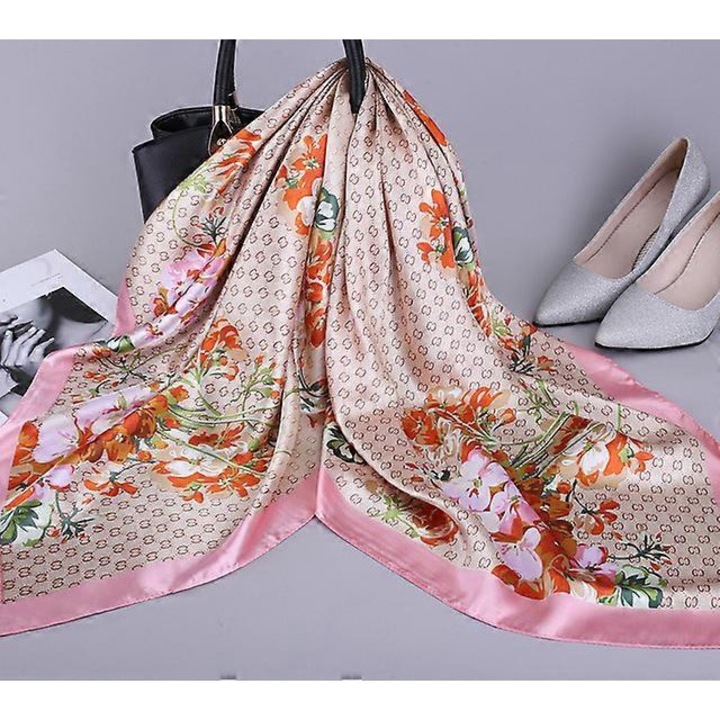 Esarfa dama, 90x90cm, multicolor, material satin, sezon primavara-vara-toamna-iarna