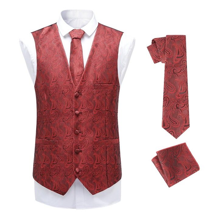 Vesta barbati, paisley, 4XL, rosie, set cu cravata si batista