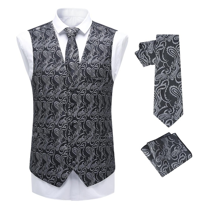 Vesta barbati, paisley, set cu cravata si batista, argintie si neagra, slim fit, V-neck, XL