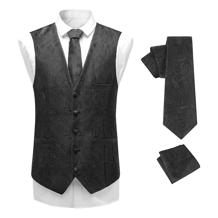 Vesta barbati, set cu cravata si batista, neagra, slim fit, 75% poliester, 25% nylon, S