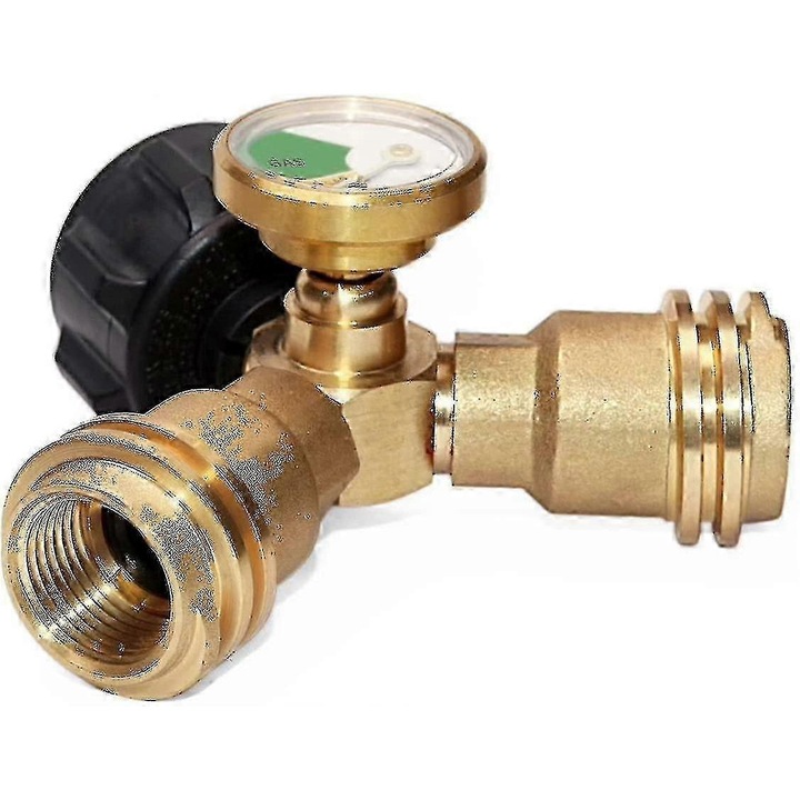 Adaptor Y pentru butelie de propan, 2 iesiri, brass solid, cu instrument de monitorizare a nivelului de combustibil