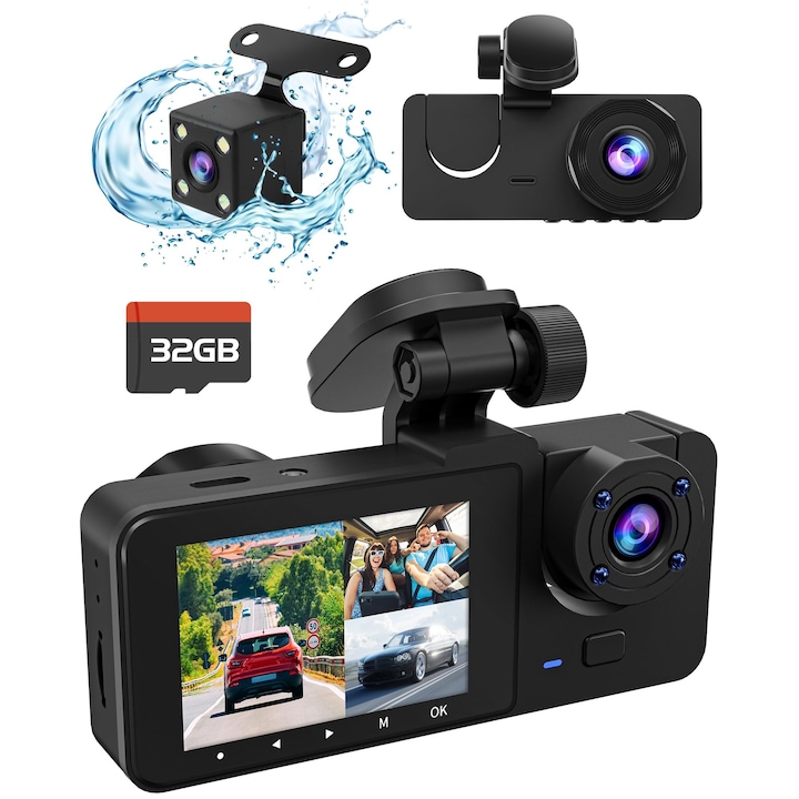 Cameră auto DVR cu 3 canale, 4K + 1080P, card 32GB, senzor G, ecran IPS 2''