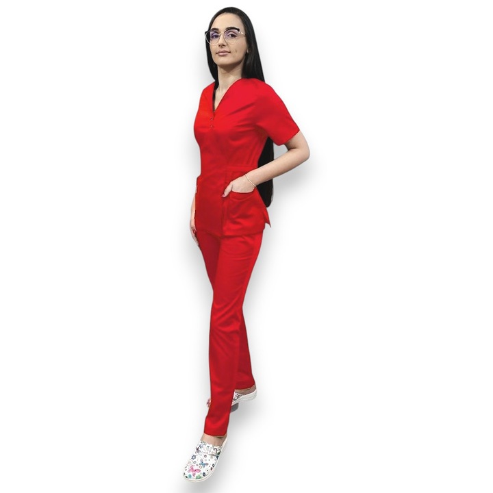 Costum medical dama Kimono PremiumFlex, tercot elastic rosu, marimea 36, AMA Medical Scrubs