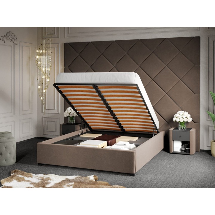 Pat Tapitat cu Panou, 305x228, C3, Dubai cu Somiera Rabatabila, 140x200, Cappuccino/Velluto 29