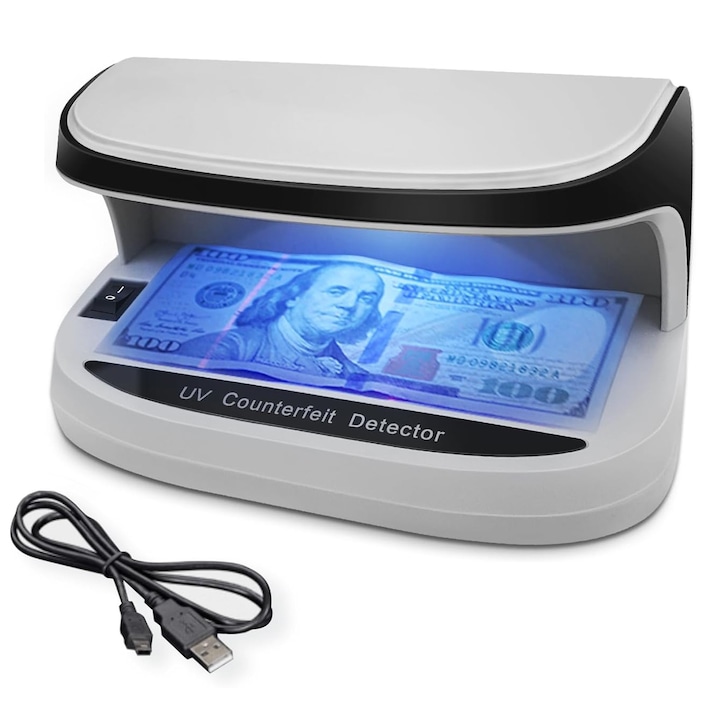Детектор за валута с UV, Axroad Mall, Детектор за фалшиви банкноти, с LED светлина и батерии, Преносим и лек, За валути от всички страни, банкноти, паспорти и кредитни карти, 200*105*105мм, ABS, Сив
