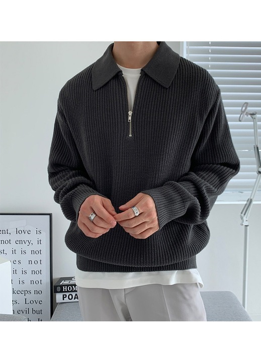 Мъжки пуловер с поло яка и цип PriStyle, дебел трикотаж, мек и топъл материал, Черен