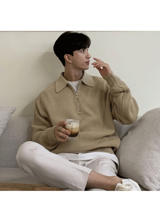 Pulover Barbati cu Guler Polo si Fermoar, Kaki