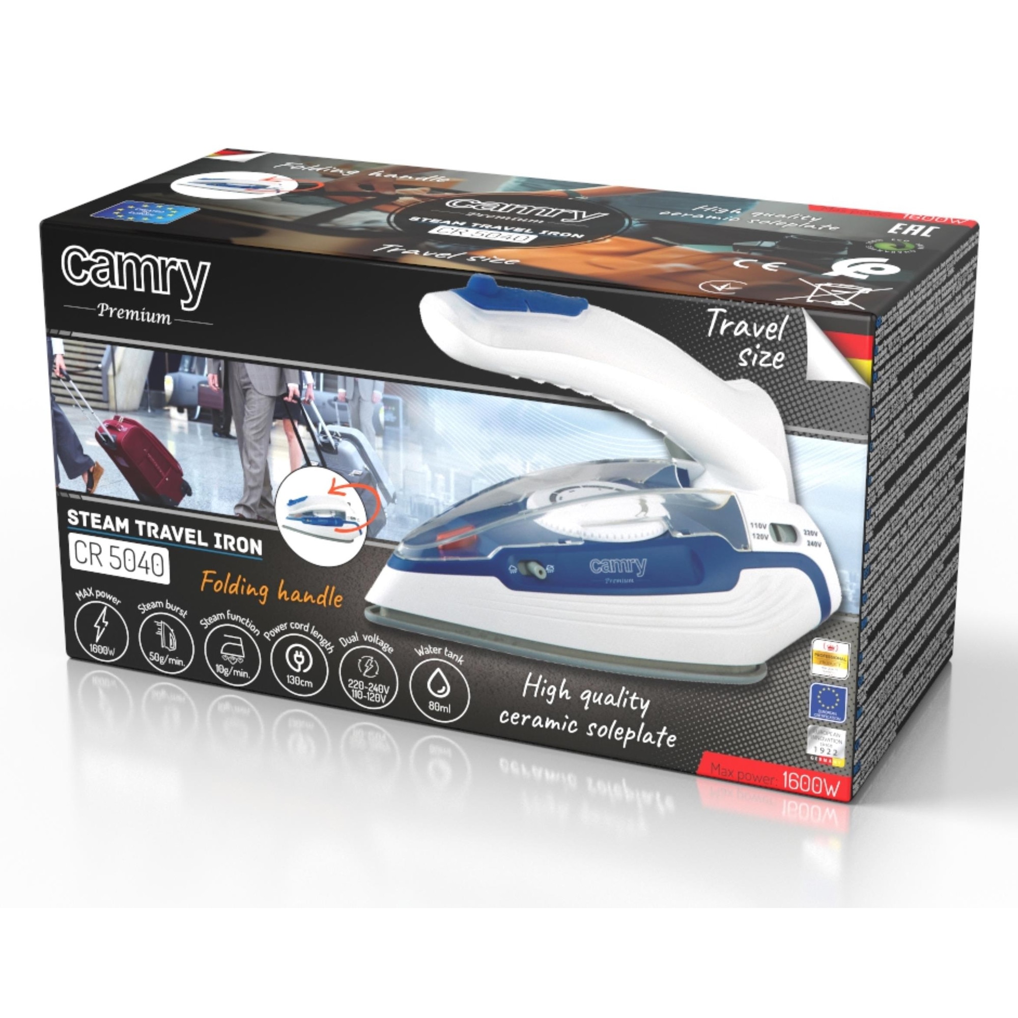 Fier de calcat cu abur Camry CR 5040, compact, 50g/min abur, alb-albastru, 20,3x9,3x9,4cm