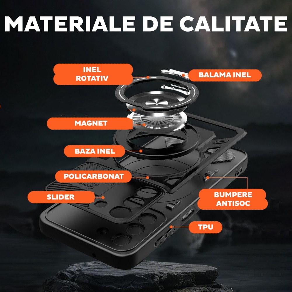Husa pentru Samsung Galaxy S23 DaDen® RuggedCam MagSafe, Antisoc, Incarcare wireless, Inel rotativ, Slider pentru camera, Gri