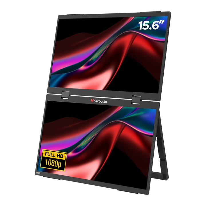 Dual Monitor Verbatim, 15,6", Portabil, FHD (1920 × 1080), IPS, USB-C / Mini HDMI, Negru