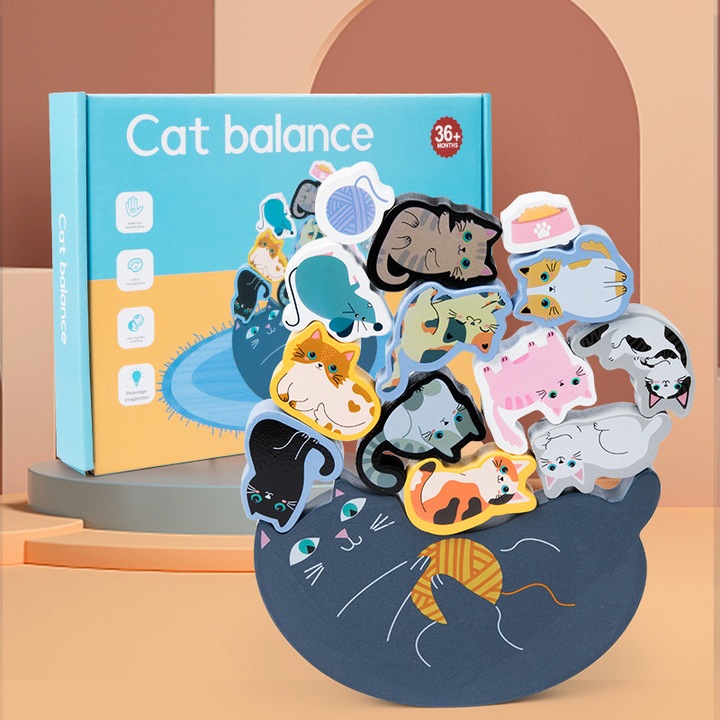 Joc Montessori educatie timpurie, Blocuri din lemn cu pisici pentru copii, Joc de echilibru Pentru Invatare Prescolara