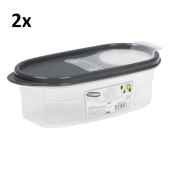Set 2 Recipiente pentru Cereale VENITIVIO® cu Capac Gri si Gradatii 0.6 L, Lungime x Latime x Inaltime 19x9x6cm, transparent