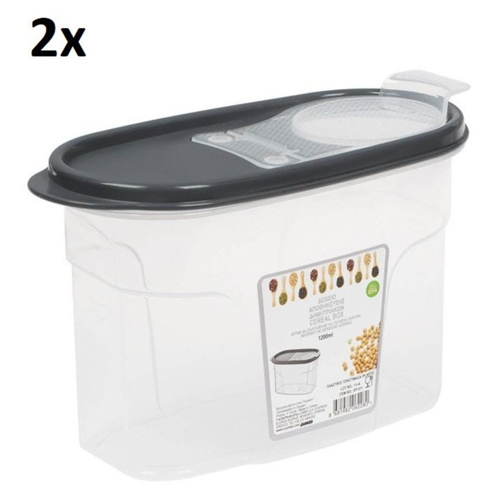 Set 2 Recipiente Cereale VENITIVIO®, cu Capac Gri si Gradatii 1.2 L – 19 x 9 x 13 cm