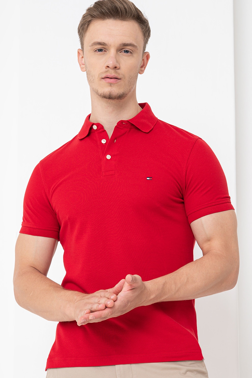 Tommy Hilfiger, Tricou polo slim fit din amestec de bumbac organic, Rosu vermillion, 2XL
