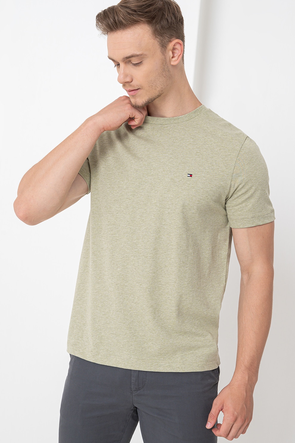 Tommy Hilfiger, Tricou din amestec de bumbac cu decolteu la baza gatului, Verde fistic, S