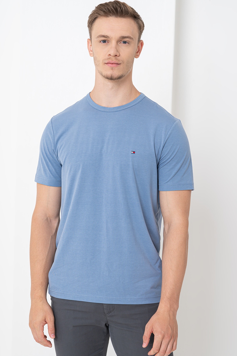 Tommy Hilfiger, Tricou cu decolteu la baza gatului si logo discret, Albastru lavanda, S