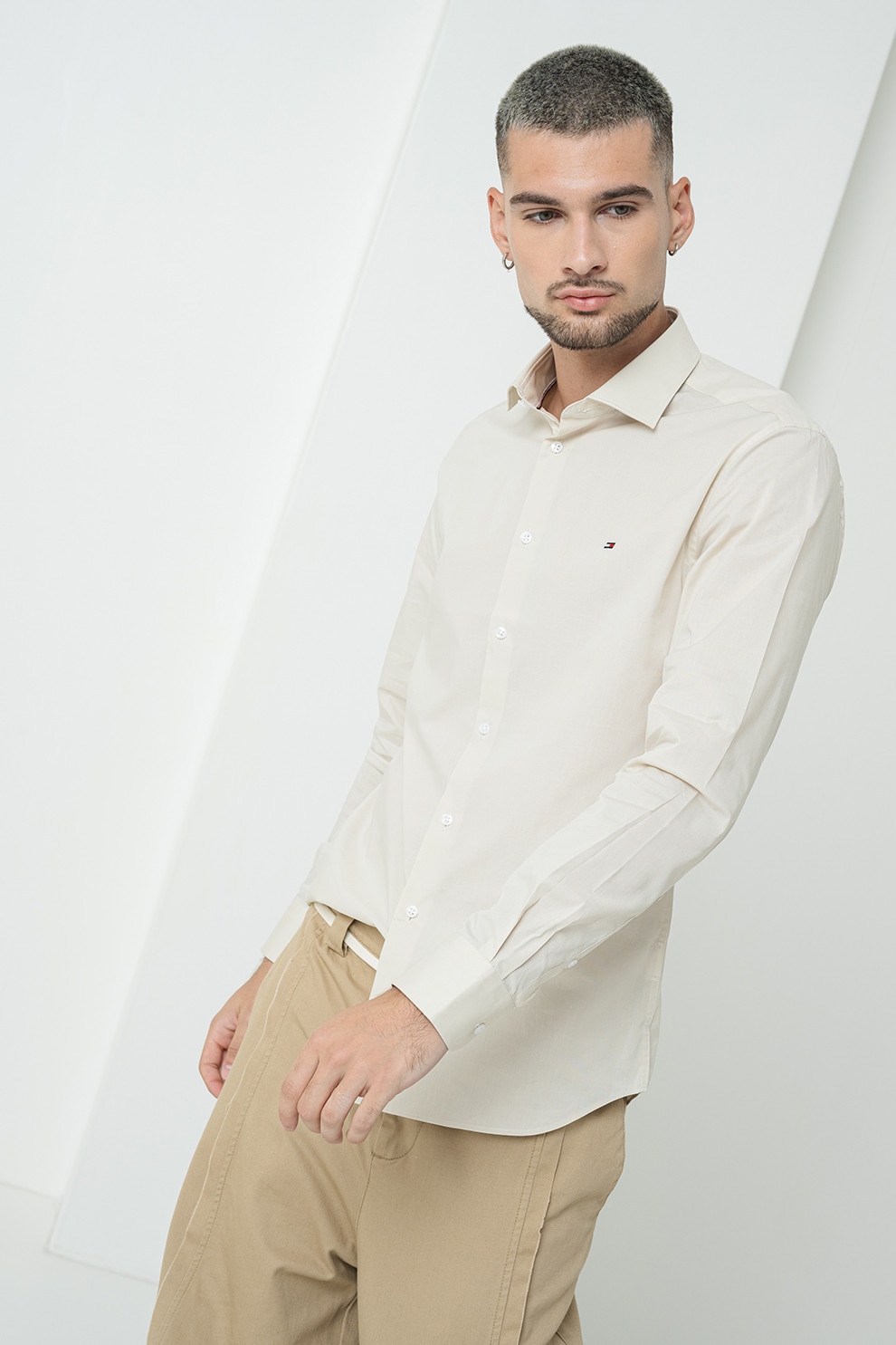 Tommy Hilfiger, Camasa slim fit din amestec de bumbac, Bej deschis, 41