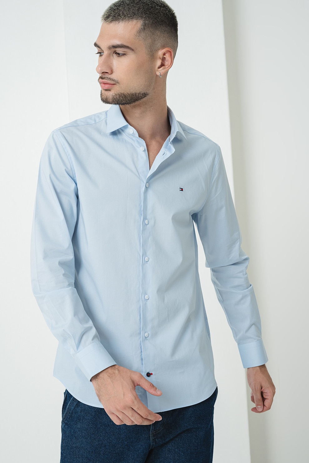 Tommy Hilfiger, Camasa slim fit din amestec de bumbac, Albastru pastel, 42