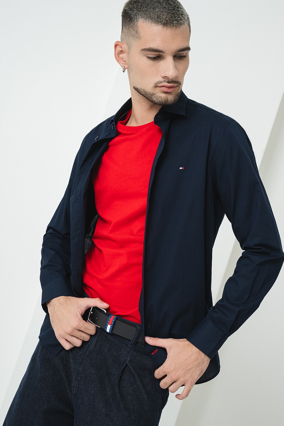 Tommy Hilfiger, Camasa slim fit din amestec de bumbac, Albastru ultramarin, Albastru, 43