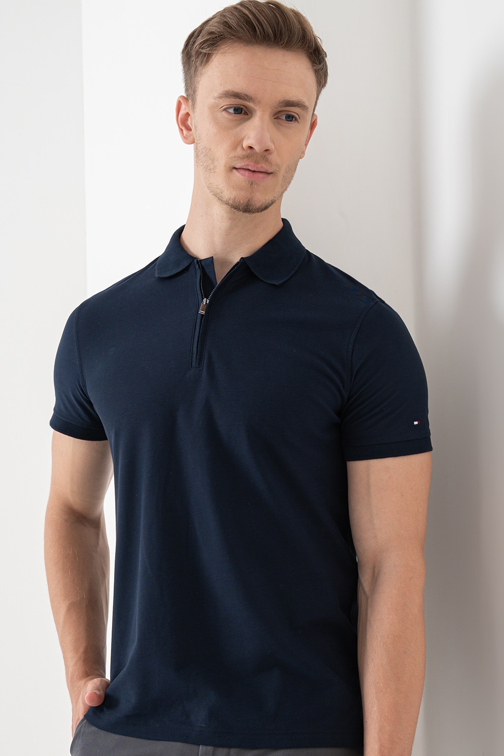 Tommy Hilfiger, Tricou polo slim fit de bumbac organic, Albastru ultramarin, L