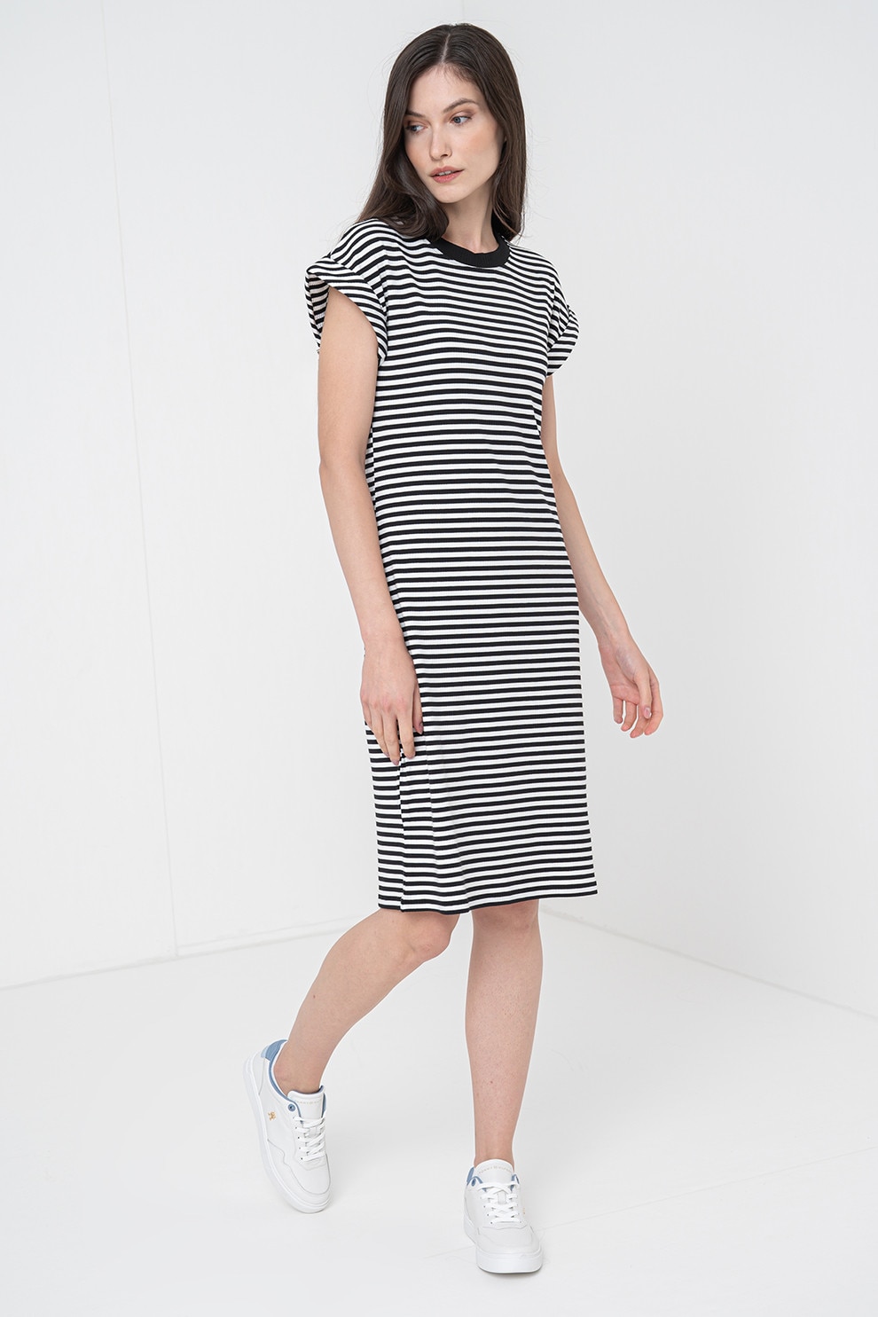 Tommy Hilfiger, Rochie-tricou midi, Alb, Negru, M