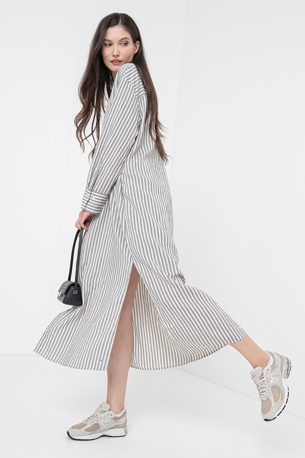 Tommy Hilfiger, Rochie-camasa supradimensionata cu dungi, Negru, Gri cenusiu, S-M